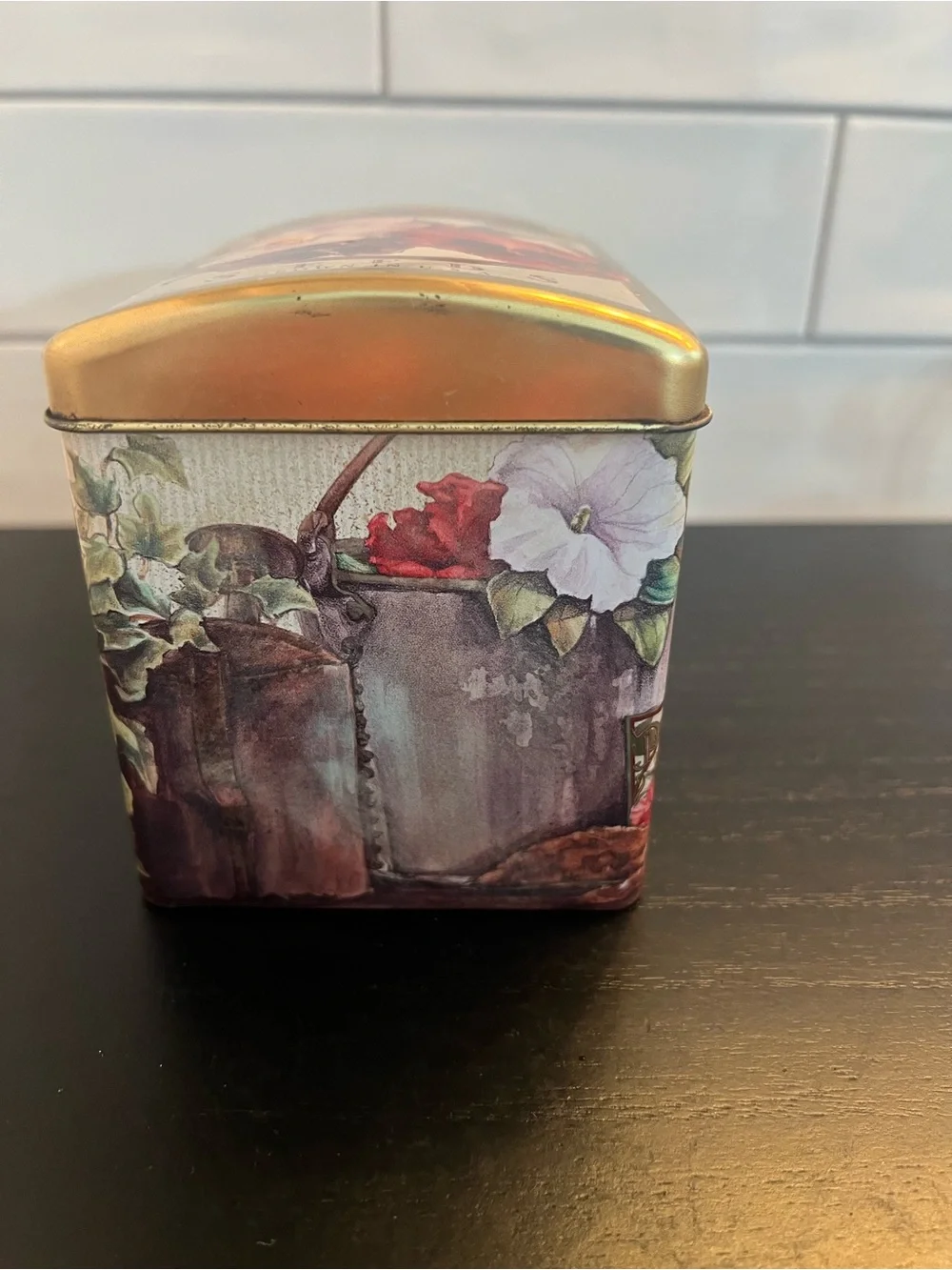 Decorative Garden Pansy Seeds Tin Storage Box - Gold and Brown